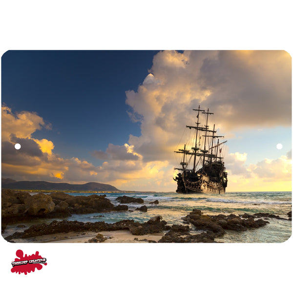 Pirate Ship Off of Rocky Shoreline metal sign - Wall Decor - Aluminum Door Sign - Room - Study - Pirates - Man Cave - Wall Art - Caribbean