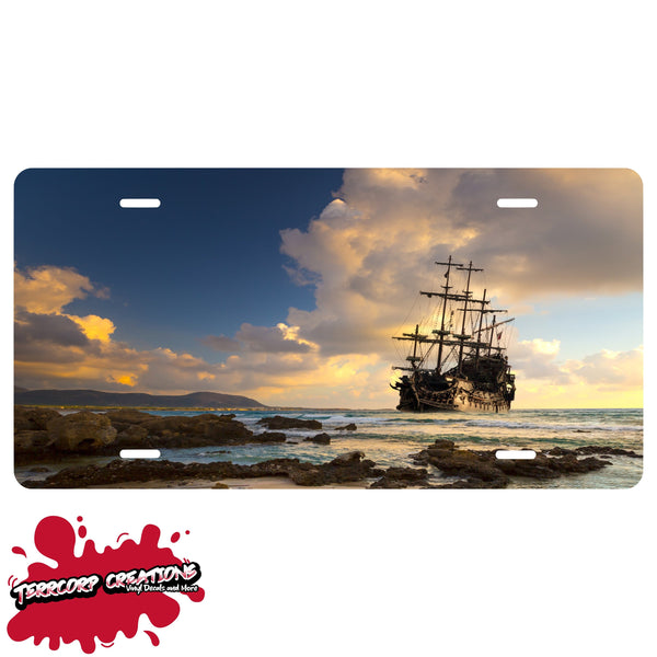 Pirate Ship "Rocky Shoreline"  Novelty Front License Plate - Caribbean - Dawn -  Decorative Auto Tag - Wall Decor - Sign - Room Art Sign