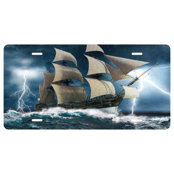 Pirate Ship "Stormy"  Novelty Front License Plate - Caribbean - Dawn - Sunrise -  Decorative Auto Tag - Wall Decor - Sign - Room Art Sign