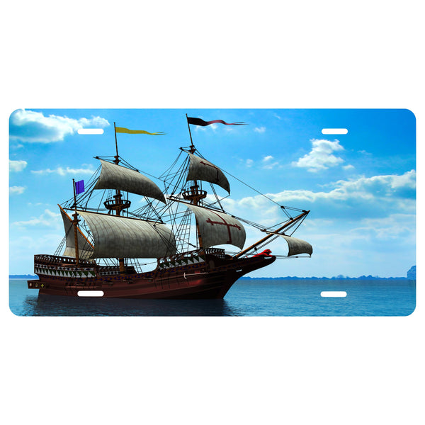 Pirate Ship "Beautiful Blue"  Novelty Front License Plate - Caribbean - Sunny  -  Decorative Auto Tag - Wall Decor - Sign - Room Art Sign