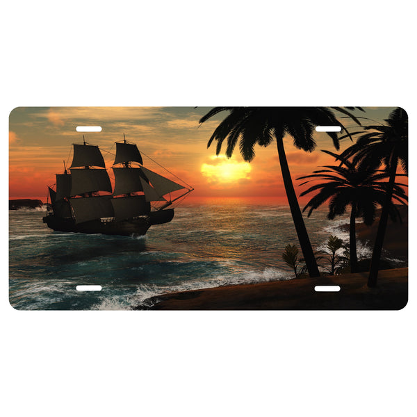 Pirate Ship "Island Oasis"  Novelty Front License Plate - Caribbean - Dawn -  Decorative Auto Tag - Wall Decor - Sign - Room Art Sign