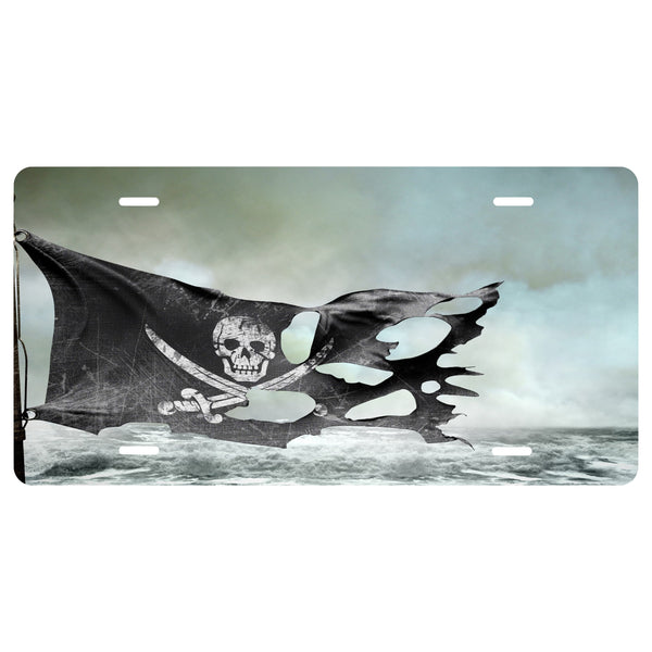 Pirate Ship "Jolly Roger"  Novelty Front License Plate - Caribbean - Flag - Skull -  Decorative Auto Tag - Wall Decor - Sign - Room Art Sign