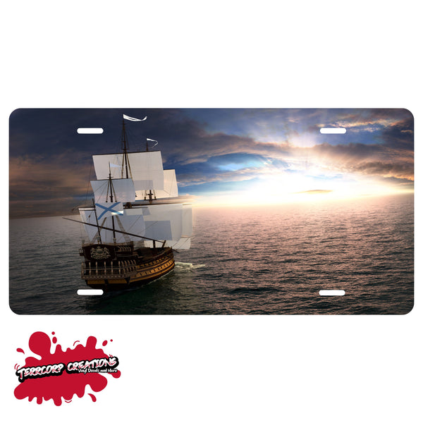 Pirate Ship "Onwards"  Novelty Front License Plate - Caribbean - Sunrise - Dawn -  Decorative Auto Tag - Wall Decor - Sign - Room Art Sign