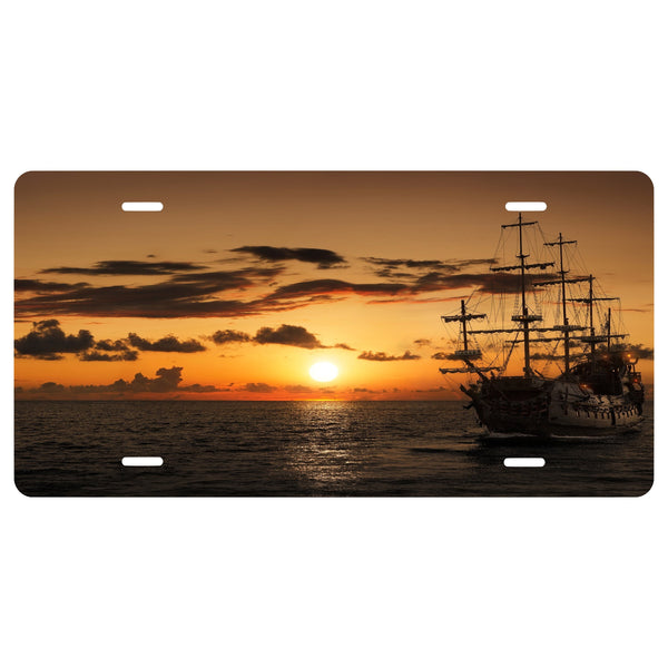 Pirate Ship "Sunset"  Novelty Front License Plate - Caribbean - Sunrise - Dawn -  Decorative Auto Tag - Wall Decor - Sign - Room Art Sign