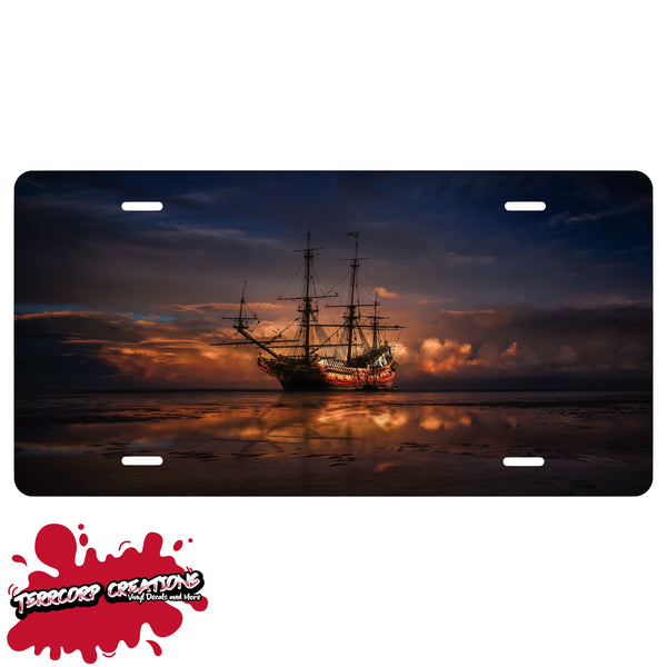 Pirate Ship "Sunset 2"  Novelty Front License Plate - Caribbean - Sunrise - Dawn -  Decorative Auto Tag - Wall Decor - Sign - Room Art Sign