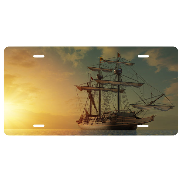 Pirate Ship "Sunrise"  Novelty Front License Plate - Caribbean - Dawn - Sunrise -  Decorative Auto Tag - Wall Decor - Sign - Room Art Sign