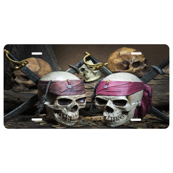 Pirate "Double Trouble"  Novelty Front License Plate - Caribbean - Skull - Swords -  Decorative Auto Tag - Wall Decor - Sign - Room Art Sign