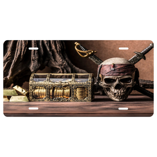 Pirate "Gold"  Novelty Front License Plate - Caribbean - Skull - Treasure - Chest -  Decorative Auto Tag - Wall Decor - Sign - Room Art Sign