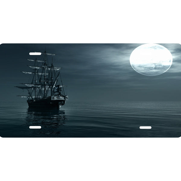 Pirate Ship "Big Moon"  Novelty Front License Plate - Caribbean - Sunrise - Dawn -  Decorative Auto Tag - Wall Decor - Sign - Room Art Sign