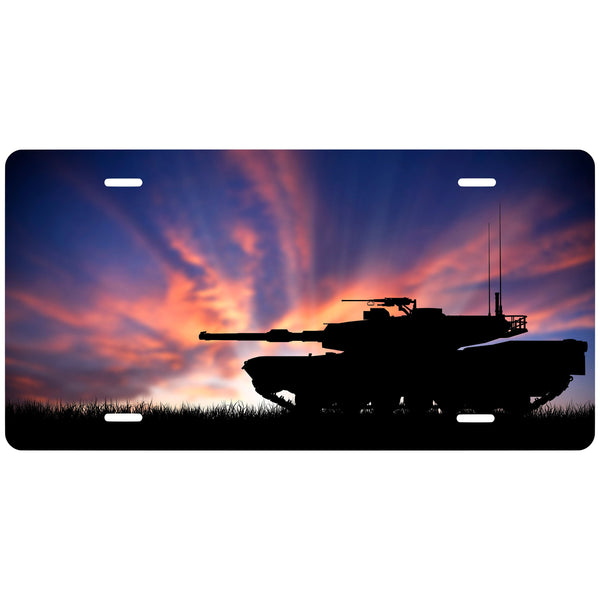 Personalized Custom Tank in Sunset Novelty Front License Plate - Military - Decorative Auto Tag - Wall Decor - Sign - Calming - Silhouette