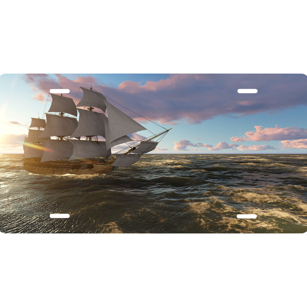 Pirate Ship "Horizon"  Novelty Front License Plate - Caribbean - Dawn - Sun rise -  Decorative Auto Tag - Wall Decor - Sign - Room Art Sign