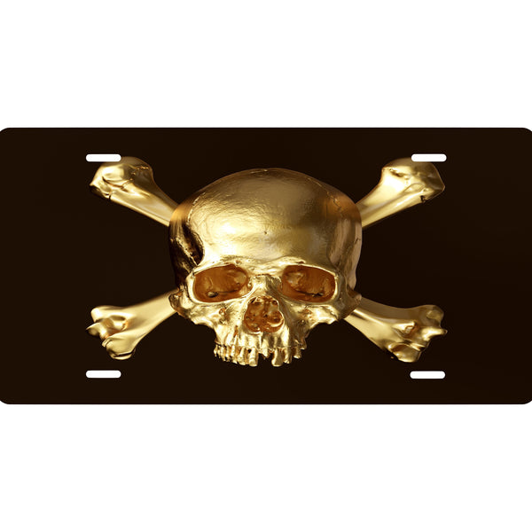 Pirate "Golden Skull"  Novelty Front License Plate - Caribbean - Skull - Crossbones -  Decorative Auto Tag - Wall Decor -  Room Art Sign