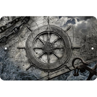 Pirate Ship's Wheel in Black and White metal sign - Wall Decor - Aluminum Door Sign - Wall Metal Sign - Kid's Room - Study - Man Cave - Art